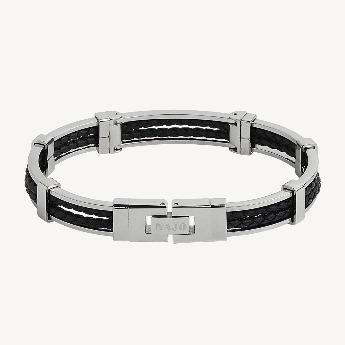 Black Band of Strength Men’s Plaited Leather and Steel Bracelet