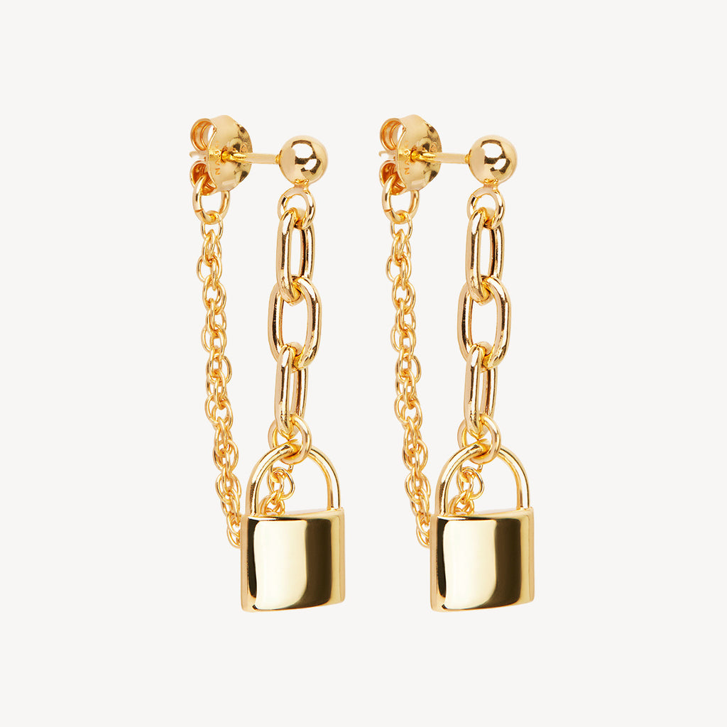 Yellow Gold Love Lock Chain Stud Earrings